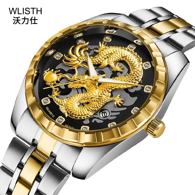 Relogio masculino Wlisth Brand Quality Quartz-watch Exquisite 3D Carving Dragon Watch Men Clock Diamond Dial Luminous Man Watch-Labell USA