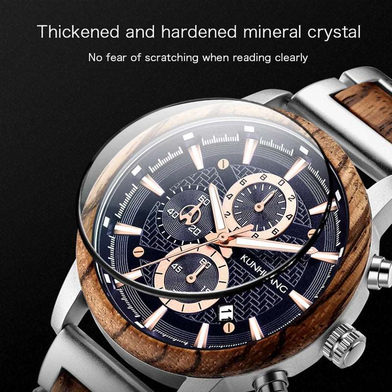 KUNHUANG Wood Watches Luxury Luminous Multi-function Wooden Men's Quartz Retro Watch Fashion Sport Timepieces Zegarek męski-Labell USA