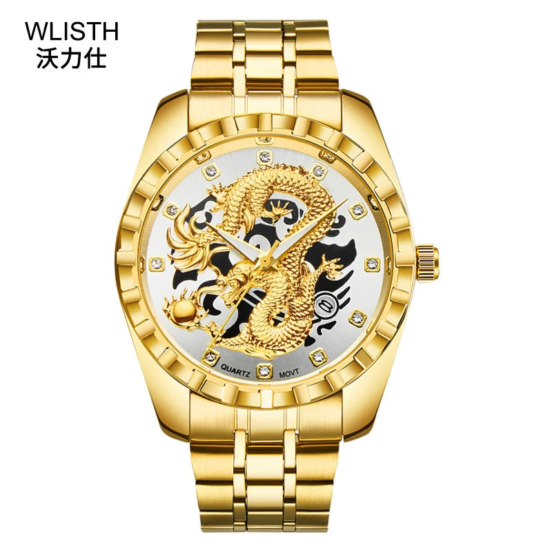 Relogio masculino Wlisth Brand Quality Quartz-watch Exquisite 3D Carving Dragon Watch Men Clock Diamond Dial Luminous Man Watch-Labell USA