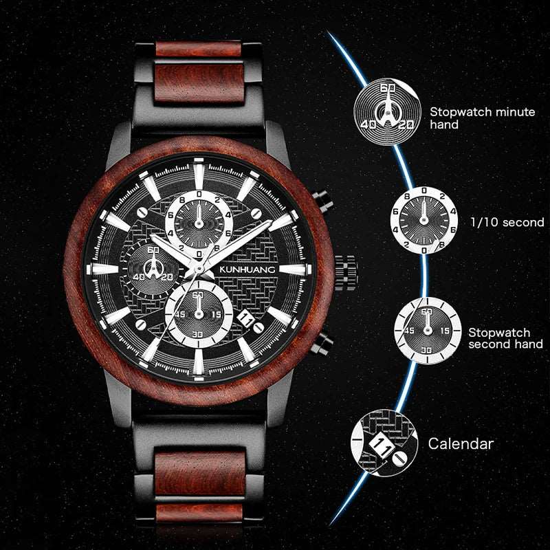 KUNHUANG Wood Watches Luxury Luminous Multi-function Wooden Men's Quartz Retro Watch Fashion Sport Timepieces Zegarek męski-Labell USA