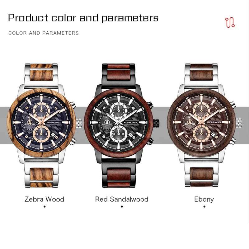 KUNHUANG Wood Watches Luxury Luminous Multi-function Wooden Men's Quartz Retro Watch Fashion Sport Timepieces Zegarek męski-Labell USA