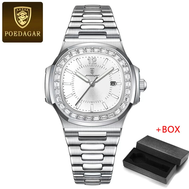 POEDAGAR New Luxury Rose Gold Quartz Watch for Men Stainless Steel Sports Waterproof Luminous Date Fashion Square Men's Watches-Labell USA