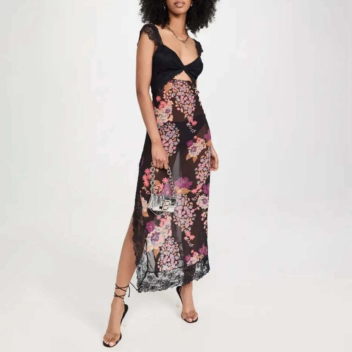 Luxurious Lace Trimmed Off Shoulder Maxi Dress With Ruffle Hem And Slit Swing Dress with Buttons-Labell USA