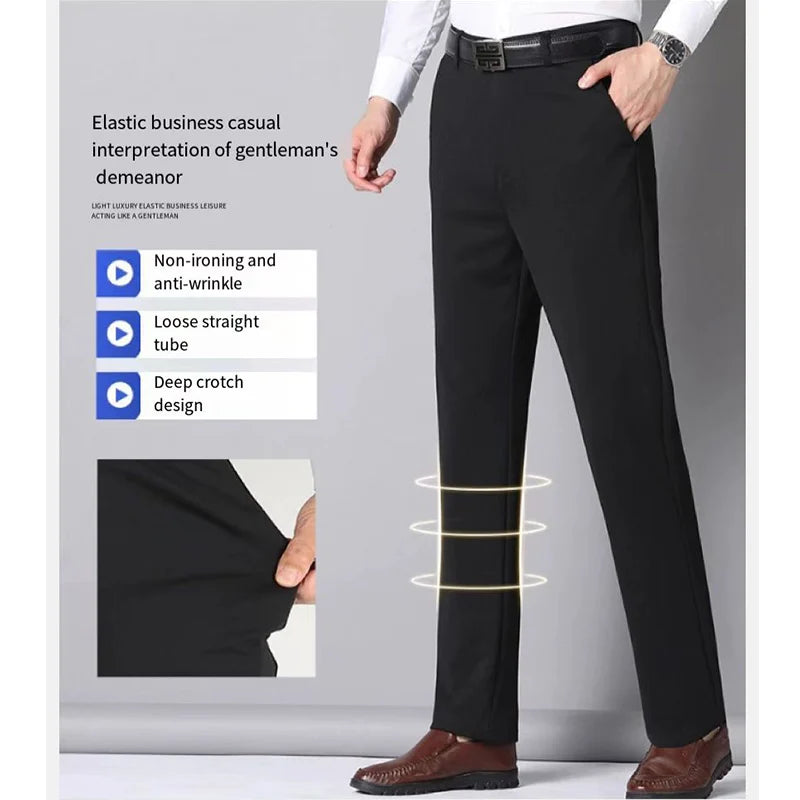 Men's Summer Thin Fashion Business Casual Suit Pants Long Pants Men's Elastic Straight Sleeve Formal Pants Plus Size 28-40-Labell USA