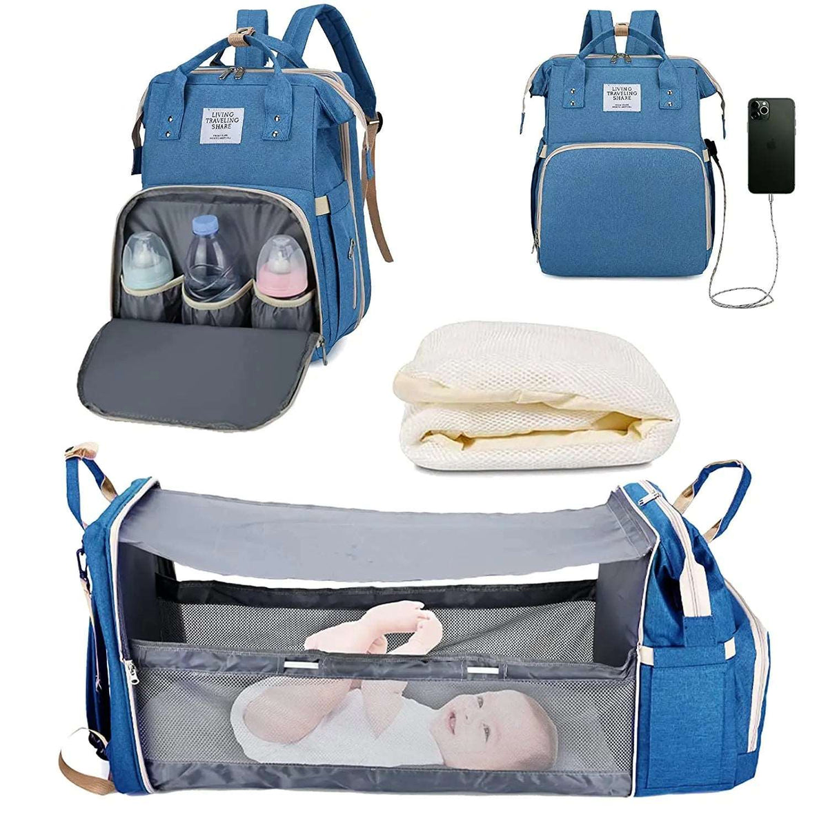 3 In 1 Diaper Bag Backpack 2024 Foldable Baby Bed Waterproof Travel Bag with USB Charge Diaper Bag Backpack with Changing Bed 3 types-Labell USA