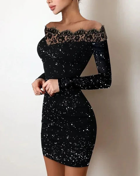 2024 New Spring Women's Fashion, Elegance, Leisure, Sexy Long sleeved Lace Edge, One Shoulder Silver Powder Sprinkled Dress-Labell USA