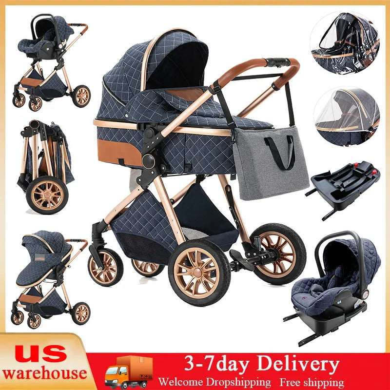 Luxury 2024 Baby Stroller 3 in 1 High Landscape Baby Cart Can Sit Can Lie Portable Pushchair Baby Cradel Infant Carrier Free Shipping-Labell USA