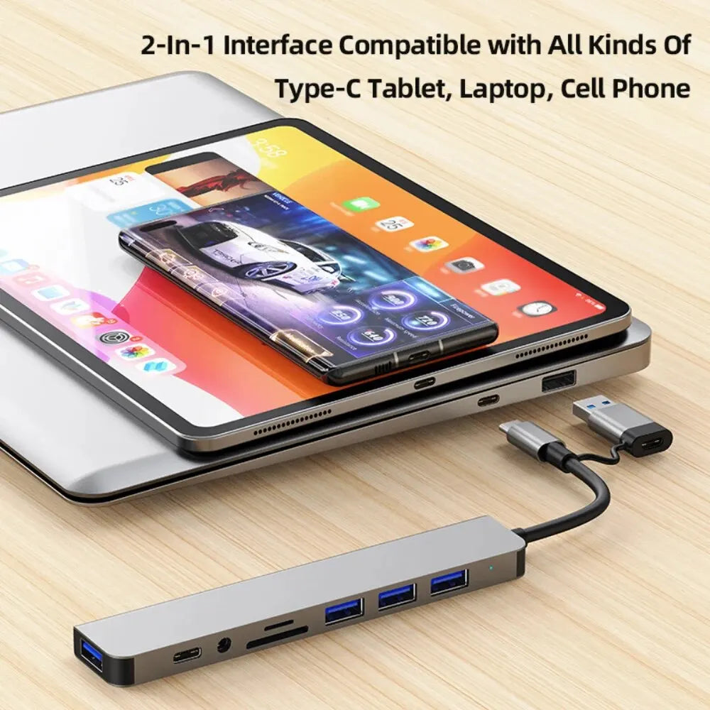 USB C Hub USB Splitter 8 in 2 USB Extender with 4 USB Port 1 USBC Port TF/SD Card Reader Audio Output Compatible with MacBook-Labell USA