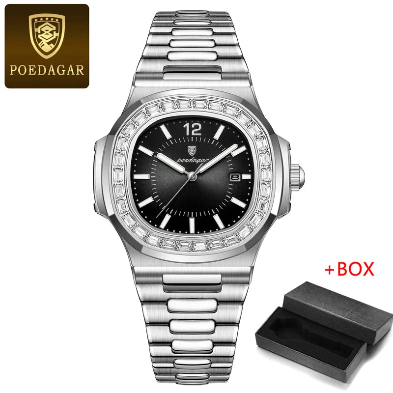 POEDAGAR New Luxury Rose Gold Quartz Watch for Men Stainless Steel Sports Waterproof Luminous Date Fashion Square Men's Watches-Labell USA