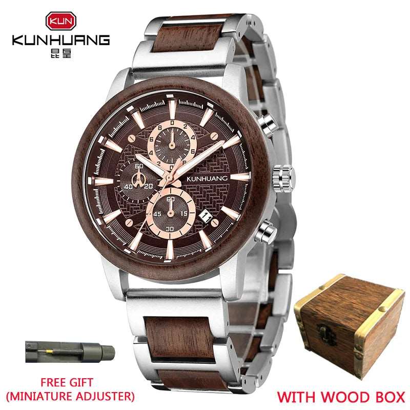 kunhuang Handmade Wooden Watch Mens Watches Top Brand Luxury relogio masculino Date Display Chronograph Sport Wooden Clock Gift-Labell USA