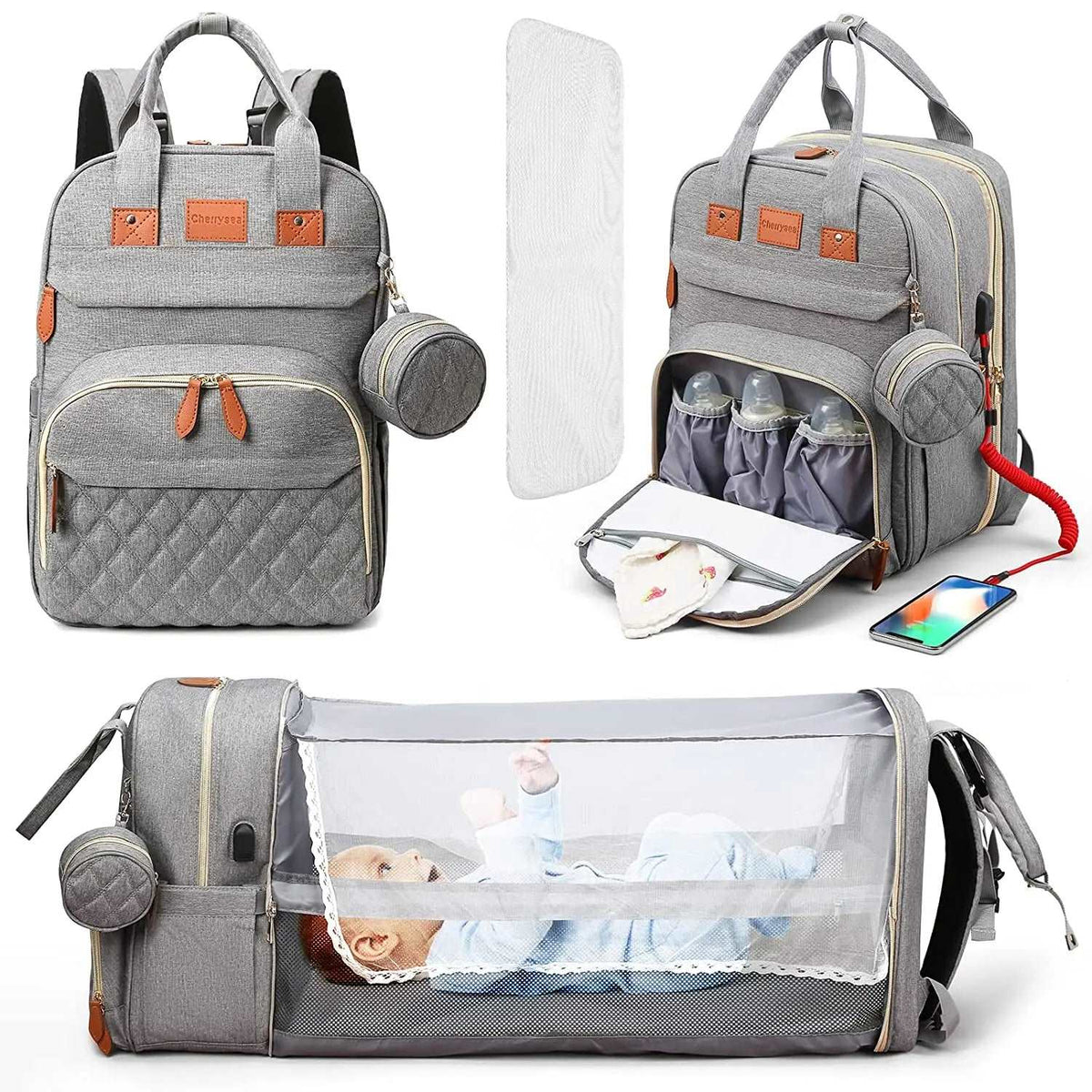 3 In 1 Diaper Bag Backpack 2024 Foldable Baby Bed Waterproof Travel Bag with USB Charge Diaper Bag Backpack with Changing Bed 3 types-Labell USA