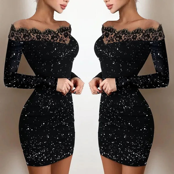 2024 New Spring Women's Fashion, Elegance, Leisure, Sexy Long sleeved Lace Edge, One Shoulder Silver Powder Sprinkled Dress-Labell USA