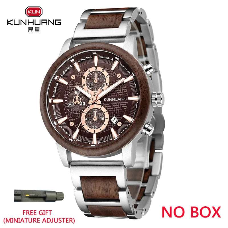 KUNHUANG Wood Watches Luxury Luminous Multi-function Wooden Men's Quartz Retro Watch Fashion Sport Timepieces Zegarek męski-Labell USA