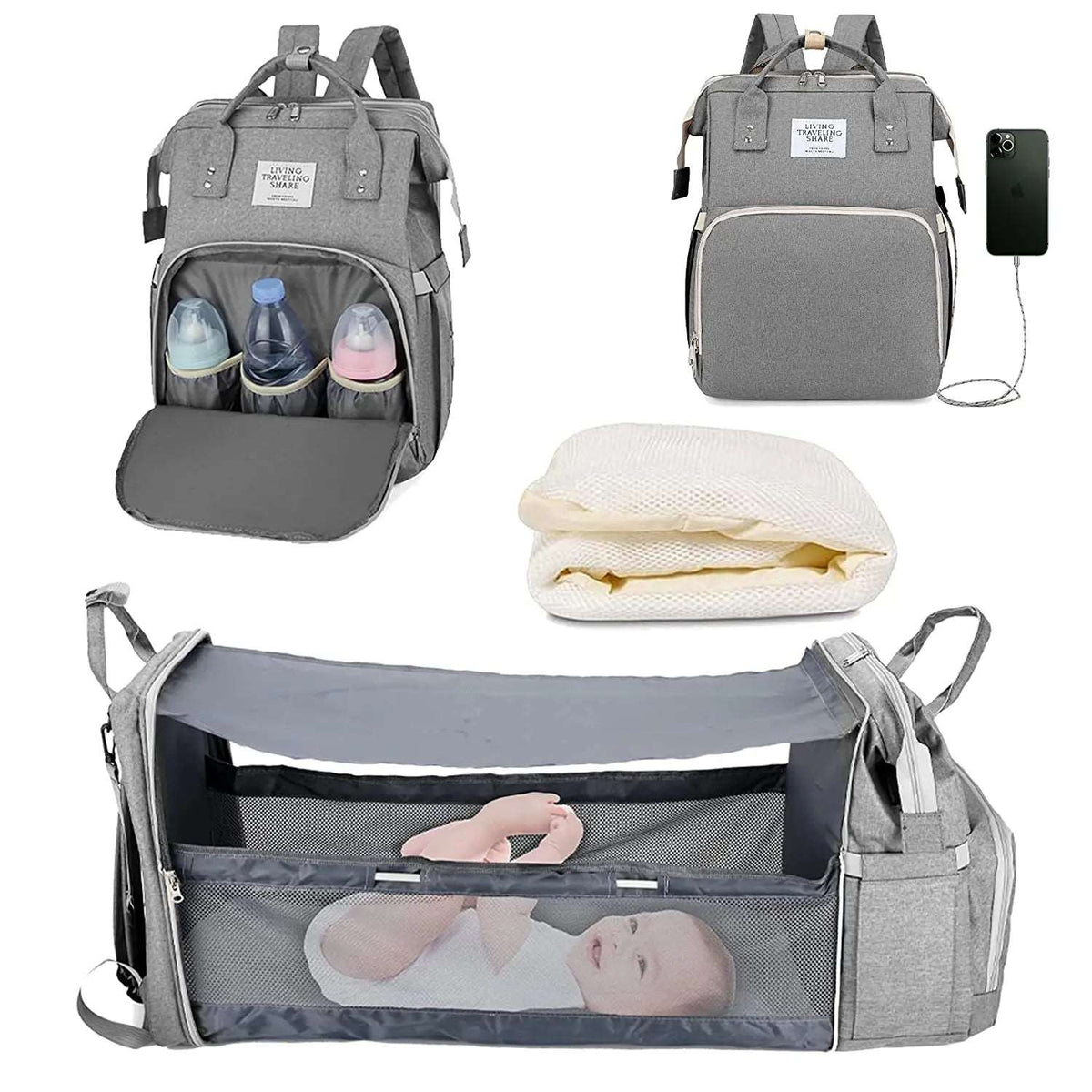 3 In 1 Diaper Bag Backpack 2024 Foldable Baby Bed Waterproof Travel Bag with USB Charge Diaper Bag Backpack with Changing Bed 3 types-Labell USA