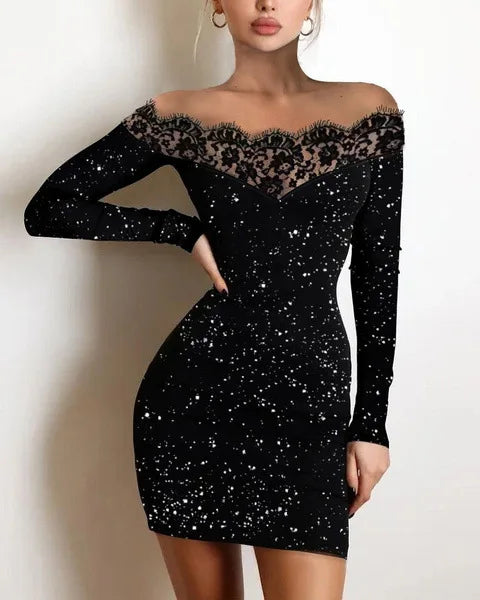 2024 New Spring Women's Fashion, Elegance, Leisure, Sexy Long sleeved Lace Edge, One Shoulder Silver Powder Sprinkled Dress-Labell USA