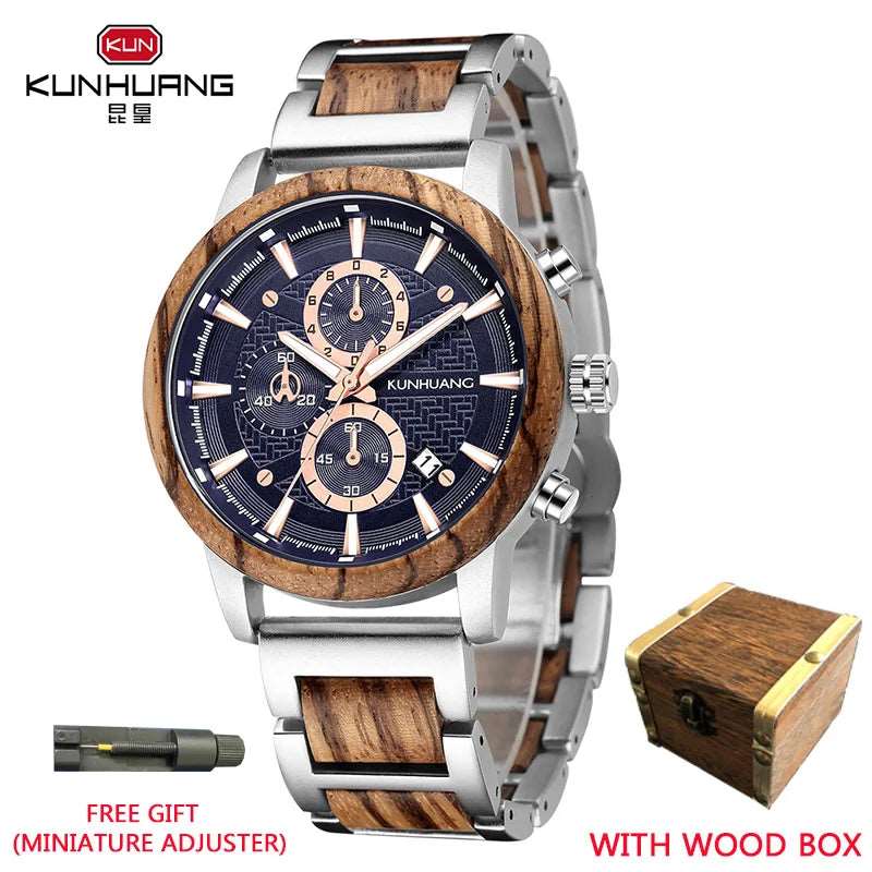 kunhuang Handmade Wooden Watch Mens Watches Top Brand Luxury relogio masculino Date Display Chronograph Sport Wooden Clock Gift-Labell USA