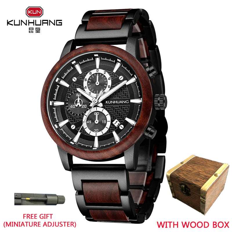 kunhuang Handmade Wooden Watch Mens Watches Top Brand Luxury relogio masculino Date Display Chronograph Sport Wooden Clock Gift-Labell USA