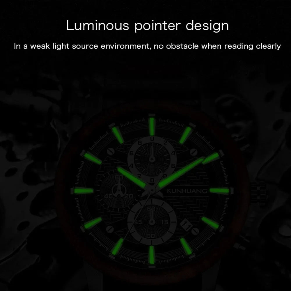 kunhuang Handmade Wooden Watch Mens Watches Top Brand Luxury relogio masculino Date Display Chronograph Sport Wooden Clock Gift-Labell USA