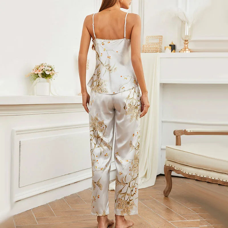 Women Satin Pajama Sets Camisole+Pants 2Pcs Suits Fashion Printed Summer Ice Silk Sleepwear Comfortable Casual Home Clothes-Labell USA