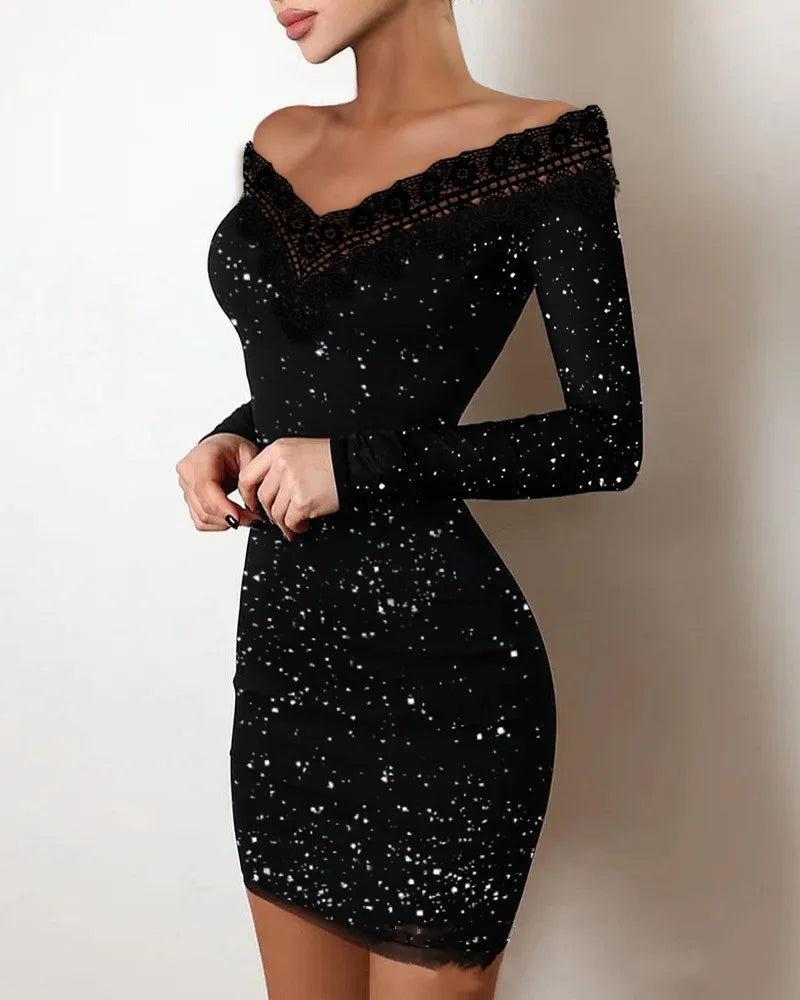 2024 New Spring Women's Fashion, Elegance, Leisure, Sexy Long sleeved Lace Edge, One Shoulder Silver Powder Sprinkled Dress-Labell USA