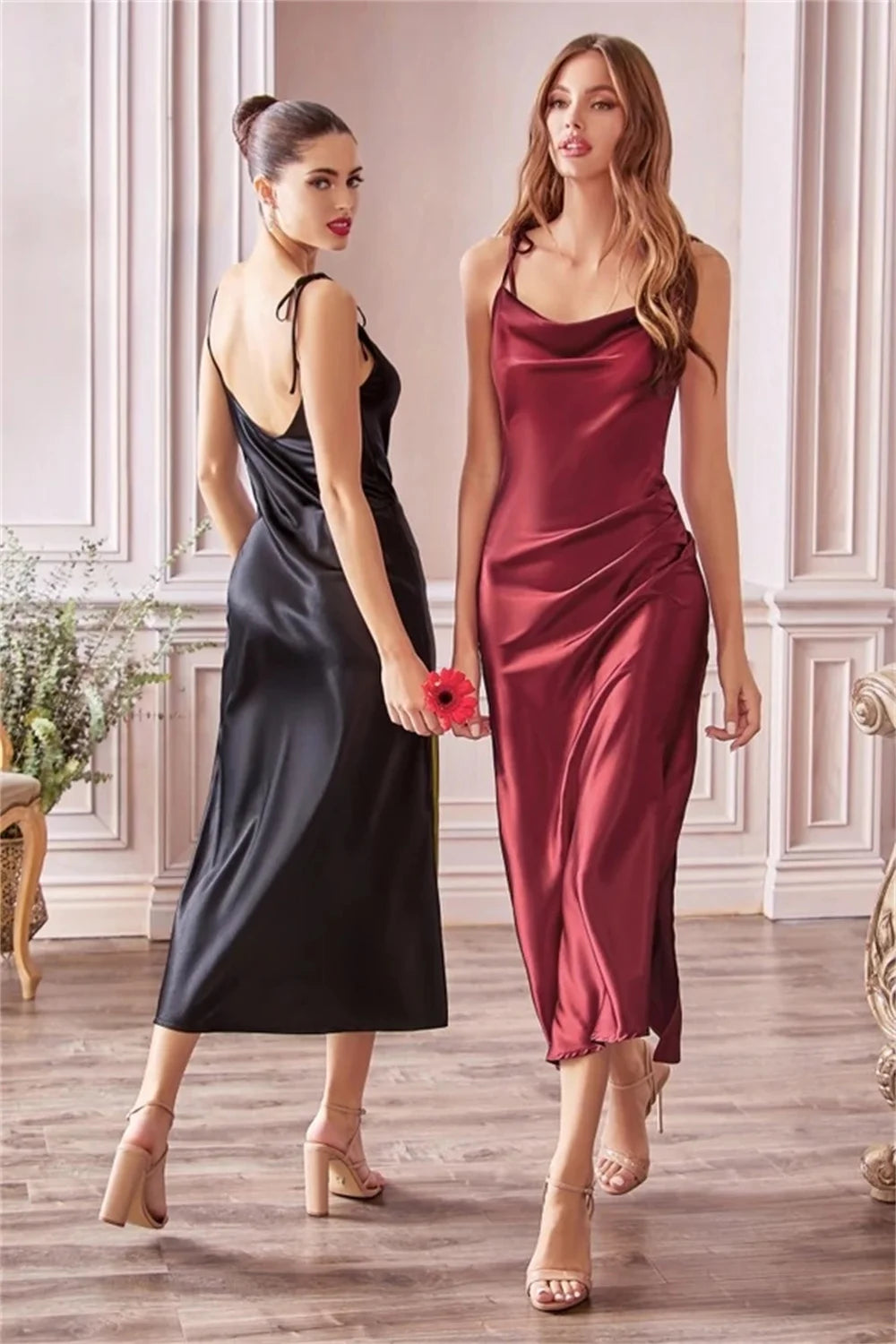 MisShow Satin Cowl Neck Women Beach Midi Dresses for Summer Sexy High Slit Sheath Evening Party Dresses for Christmas New Year-Labell USA