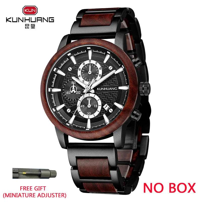 kunhuang Handmade Wooden Watch Mens Watches Top Brand Luxury relogio masculino Date Display Chronograph Sport Wooden Clock Gift-Labell USA