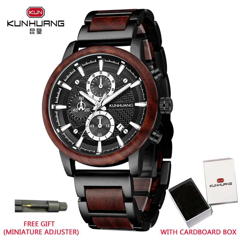 KUNHUANG Wood Watches Luxury Luminous Multi-function Wooden Men's Quartz Retro Watch Fashion Sport Timepieces Zegarek męski-Labell USA