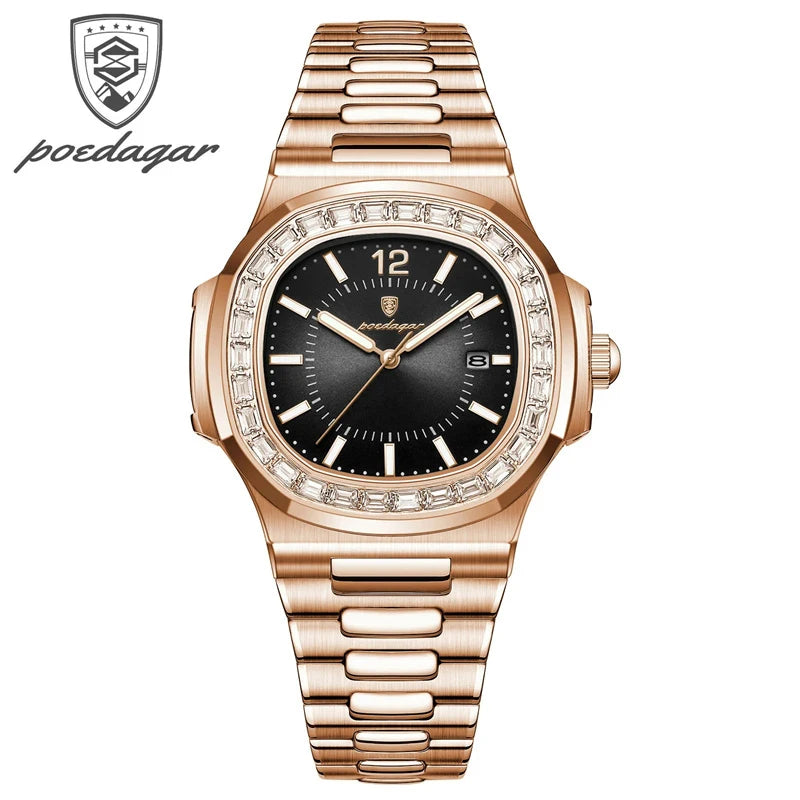 POEDAGAR New Luxury Rose Gold Quartz Watch for Men Stainless Steel Sports Waterproof Luminous Date Fashion Square Men's Watches-Labell USA