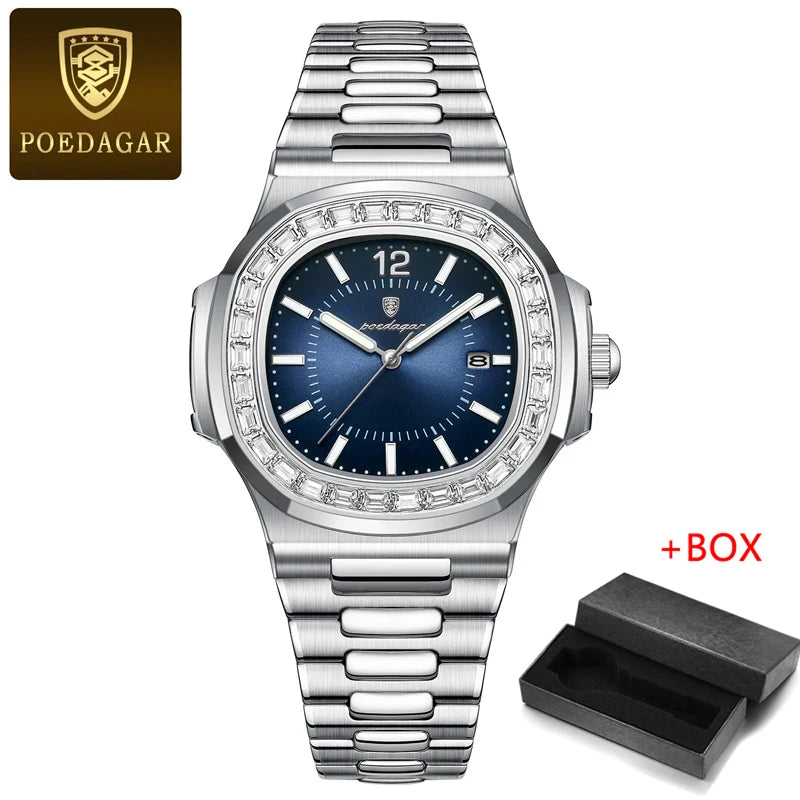 POEDAGAR New Luxury Rose Gold Quartz Watch for Men Stainless Steel Sports Waterproof Luminous Date Fashion Square Men's Watches-Labell USA