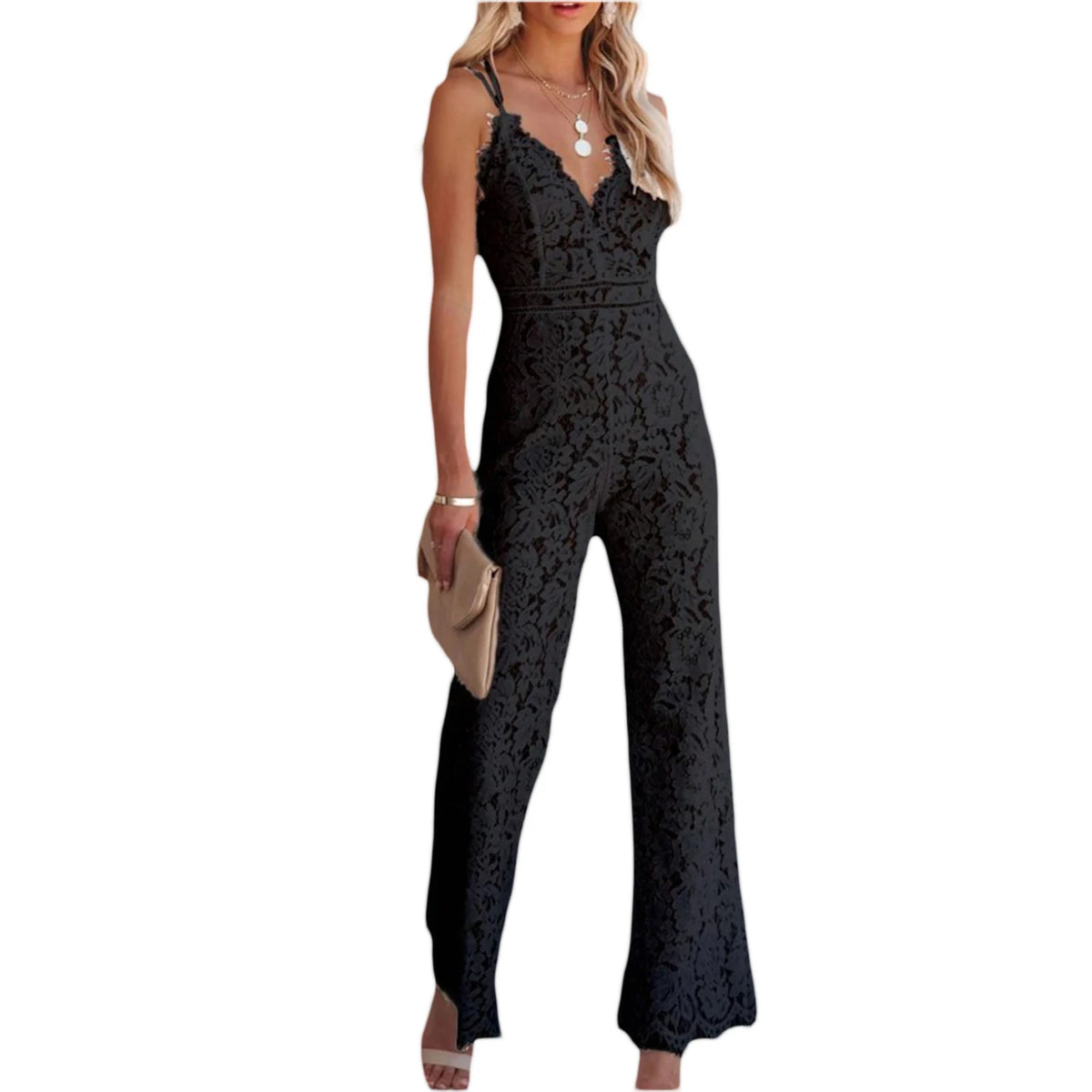 Women's Sexy Lace Floral Jumpsuit Summer V Neck Solid Color Sleeveless Backless Bodycon Long Romper Playsuit Party Clubwear-Labell USA