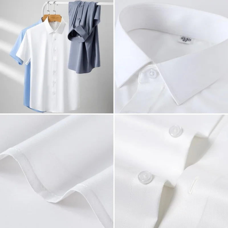 Stretch Anti-Wrinkle Men's Shirts Short Sleeves Dress Shirts For Men Slim Fit Camisa Social Business Blouse White Shirt 5XL-Labell USA