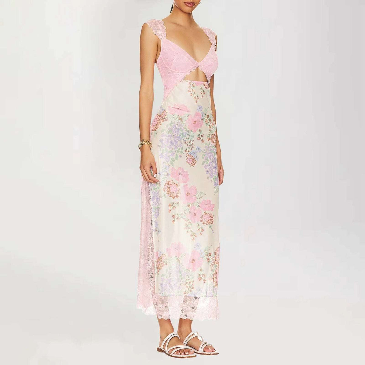 Luxurious Lace Trimmed Off Shoulder Maxi Dress With Ruffle Hem And Slit Swing Dress with Buttons-Labell USA