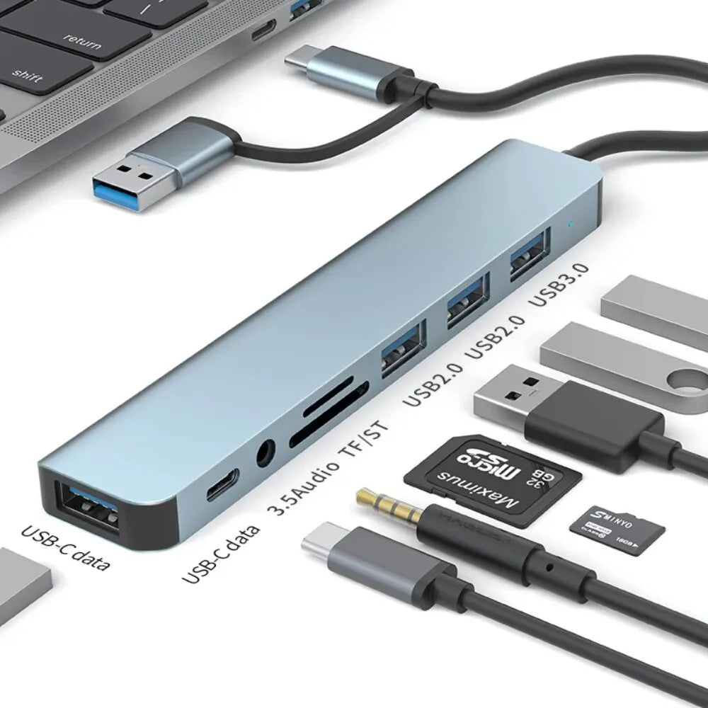 USB C Hub USB Splitter 8 in 2 USB Extender with 4 USB Port 1 USBC Port TF/SD Card Reader Audio Output Compatible with MacBook-Labell USA