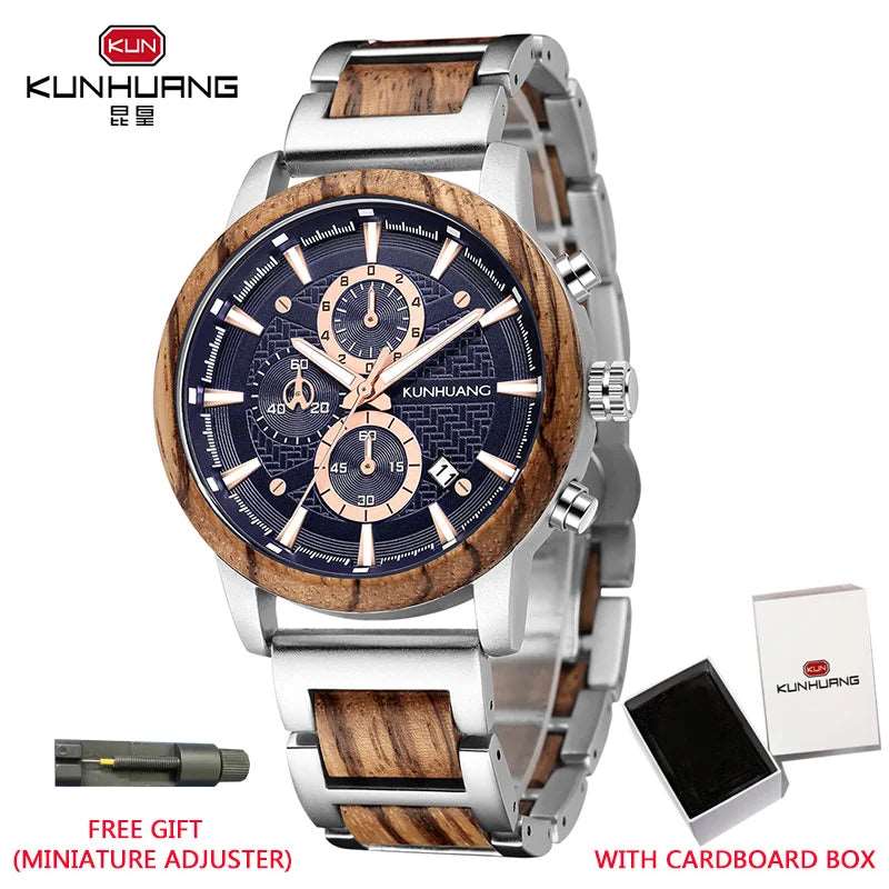 kunhuang Handmade Wooden Watch Mens Watches Top Brand Luxury relogio masculino Date Display Chronograph Sport Wooden Clock Gift-Labell USA