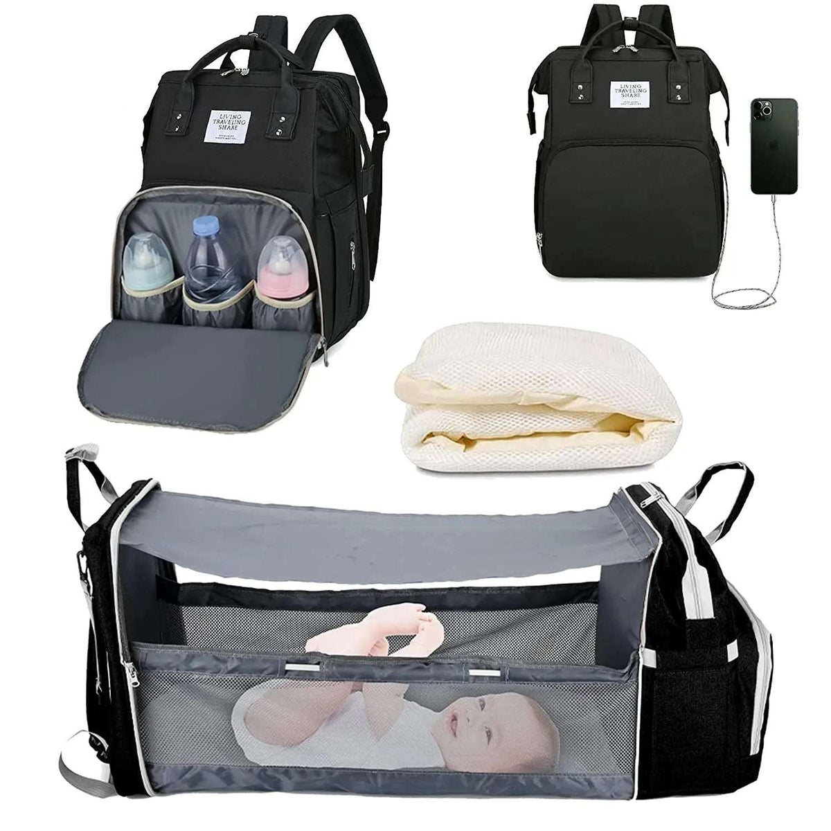 3 In 1 Diaper Bag Backpack 2024 Foldable Baby Bed Waterproof Travel Bag with USB Charge Diaper Bag Backpack with Changing Bed 3 types-Labell USA