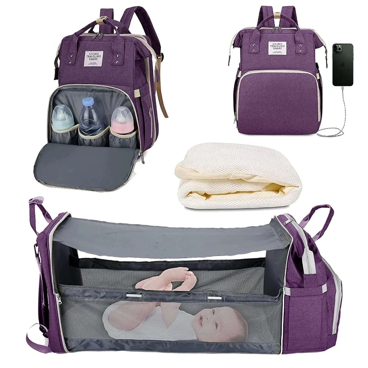 3 In 1 Diaper Bag Backpack 2024 Foldable Baby Bed Waterproof Travel Bag with USB Charge Diaper Bag Backpack with Changing Bed 3 types-Labell USA