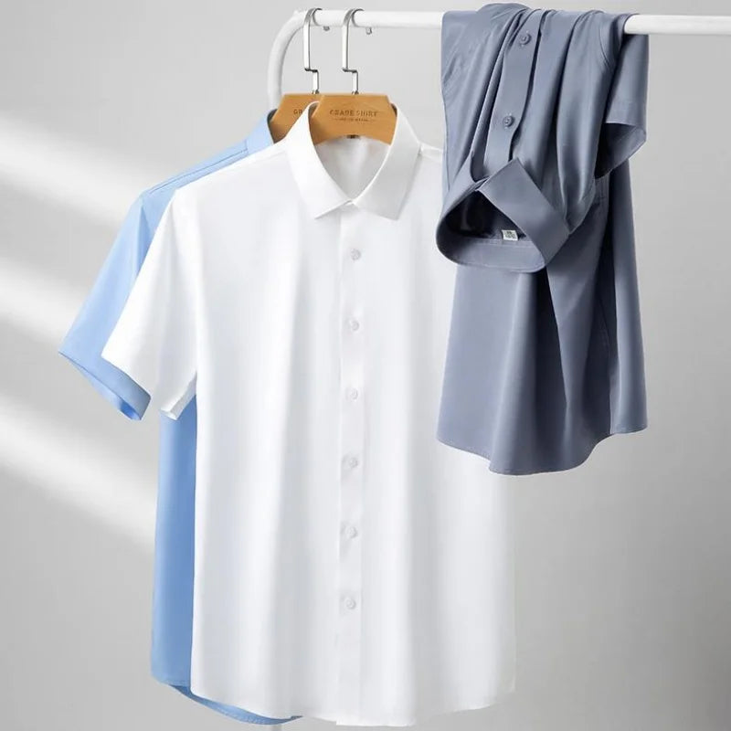 Stretch Anti-Wrinkle Men's Shirts Short Sleeves Dress Shirts For Men Slim Fit Camisa Social Business Blouse White Shirt 5XL-Labell USA