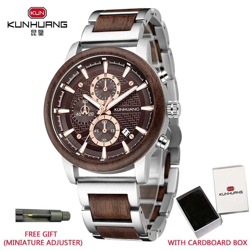 kunhuang Handmade Wooden Watch Mens Watches Top Brand Luxury relogio masculino Date Display Chronograph Sport Wooden Clock Gift-Labell USA