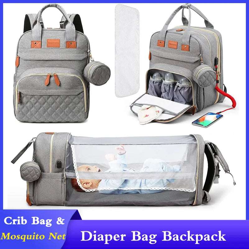 3 In 1 Diaper Bag Backpack 2024 Foldable Baby Bed Waterproof Travel Bag with USB Charge Diaper Bag Backpack with Changing Bed 3 types-Labell USA