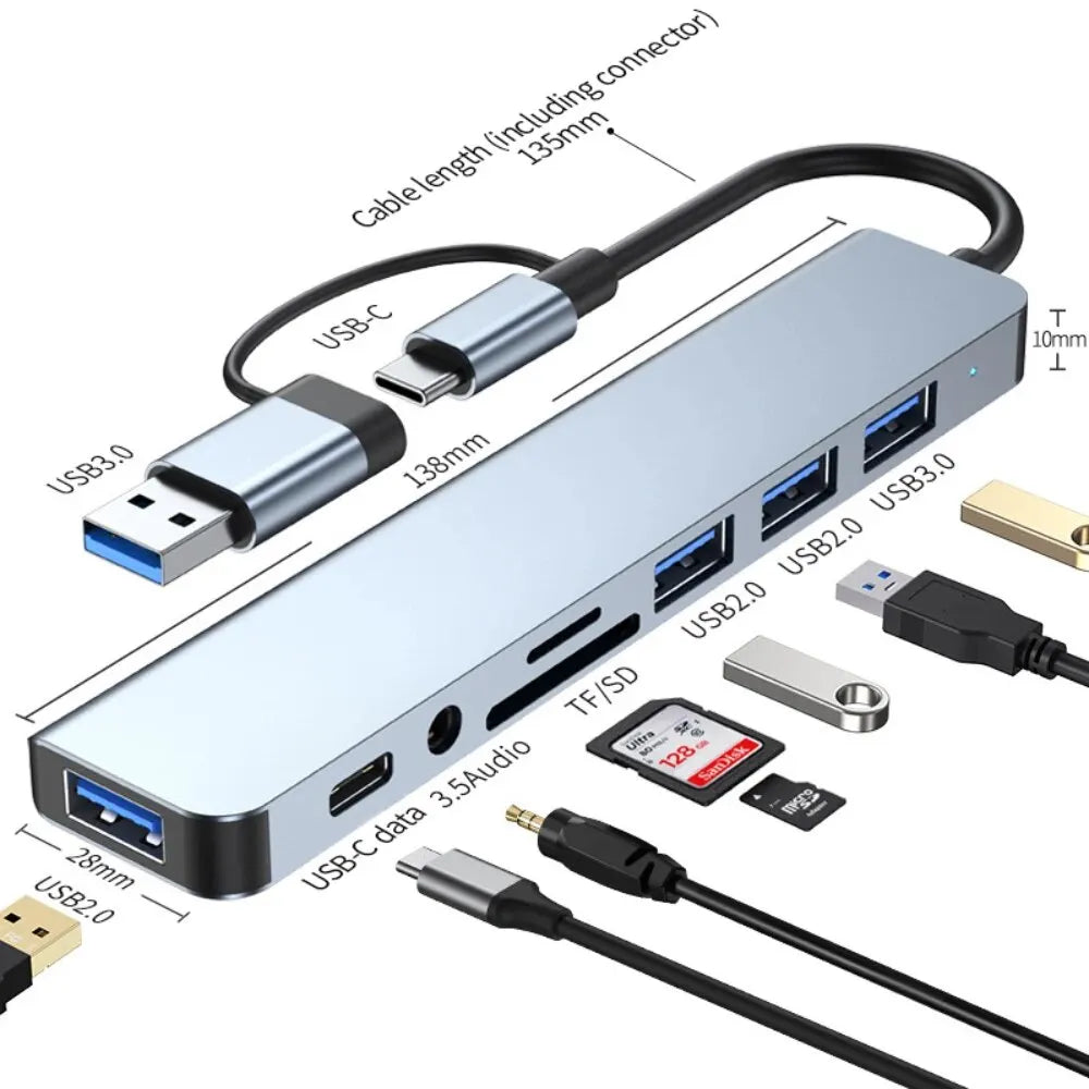 USB C Hub USB Splitter 8 in 2 USB Extender with 4 USB Port 1 USBC Port TF/SD Card Reader Audio Output Compatible with MacBook-Labell USA