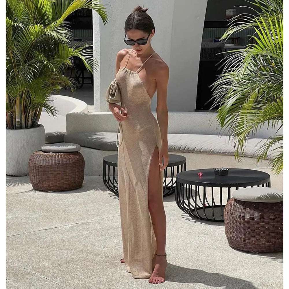 2024 Kintted Cover Up Beach Sexy See Through Maxi Slit Bodycon Summer Dress Bikinis Cover-ups Elegant Halter Beachdress-Labell USA