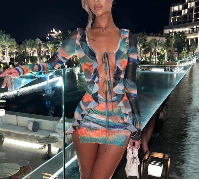 Women Mini Dress Long Sleeve Lacing Tie-dye Print Patchwork Slit Bodycon Dress for Club Party-Labell USA