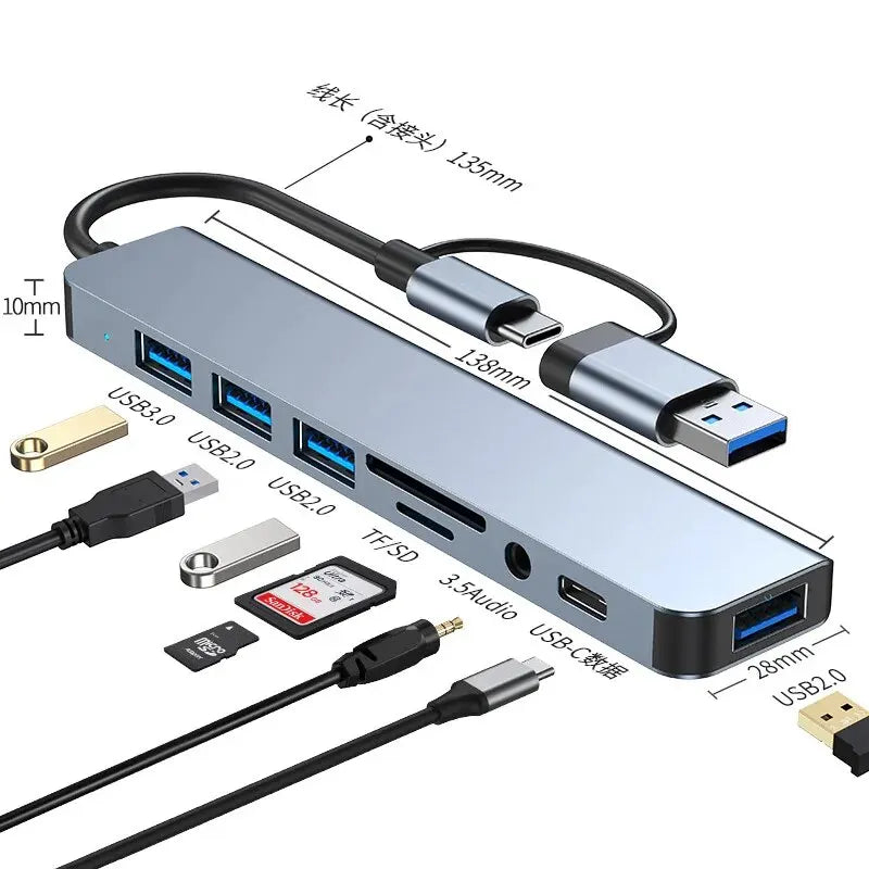 USB C Hub USB Splitter 8 in 2 USB Extender with 4 USB Port 1 USBC Port TF/SD Card Reader Audio Output Compatible with MacBook-Labell USA