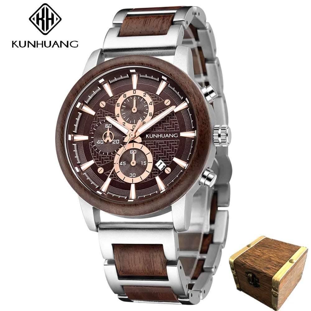 kunhuang Handmade Wooden Watch Mens Watches Top Brand Luxury relogio masculino Date Display Chronograph Sport Wooden Clock Gift-Labell USA