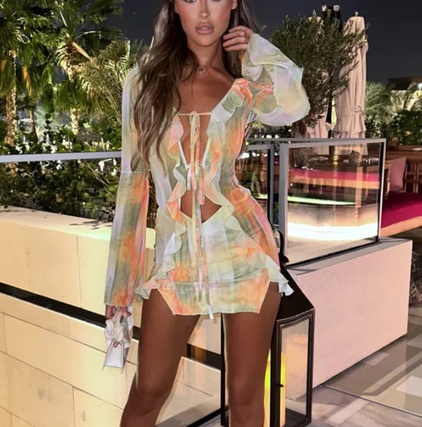 Women Mini Dress Long Sleeve Lacing Tie-dye Print Patchwork Slit Bodycon Dress for Club Party-Labell USA