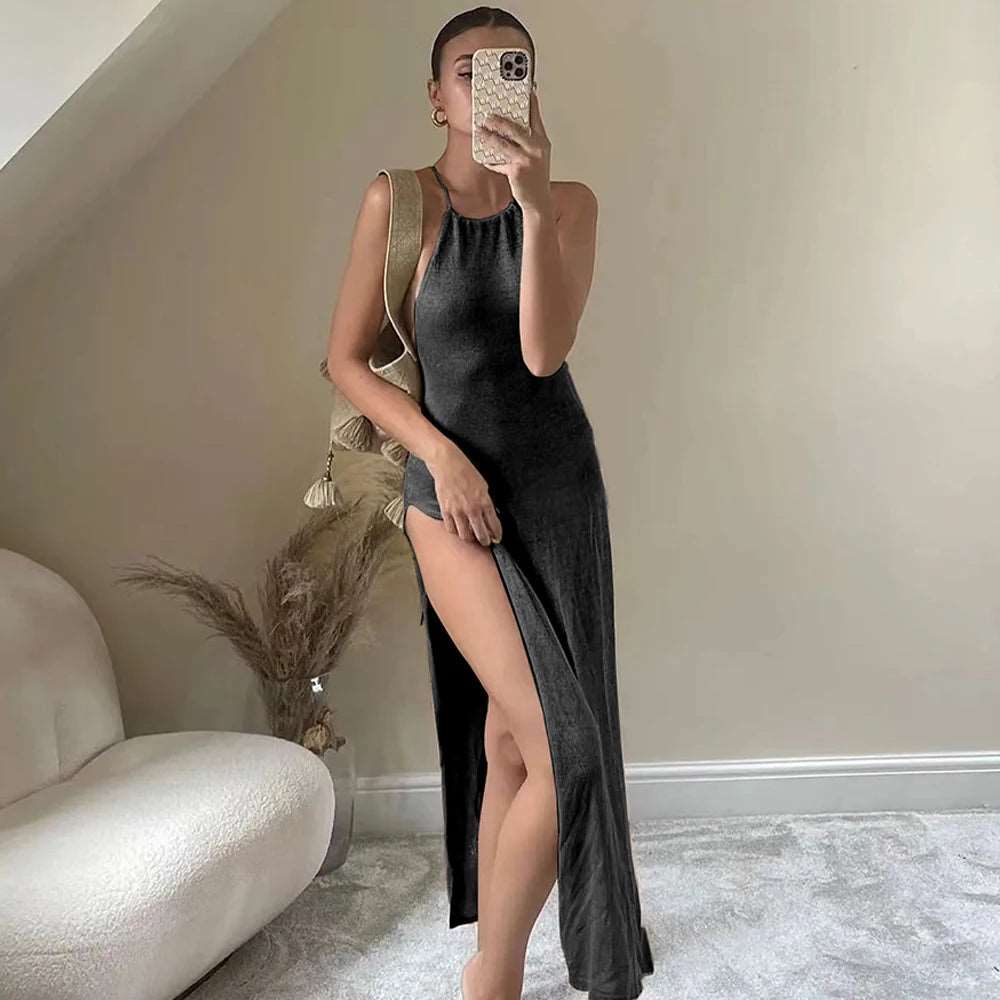 2024 Kintted Cover Up Beach Sexy See Through Maxi Slit Bodycon Summer Dress Bikinis Cover-ups Elegant Halter Beachdress-Labell USA